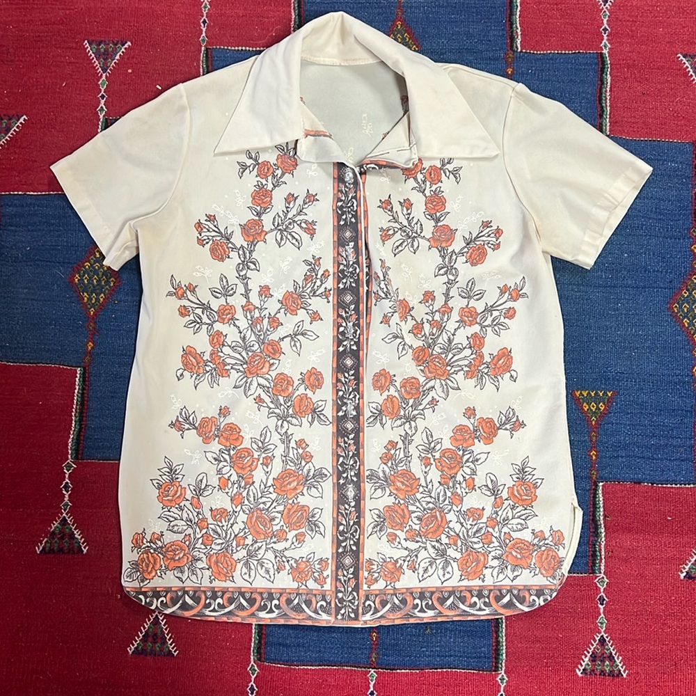 Vintage Orange Rose Native Pattern Button Down Po… - image 1
